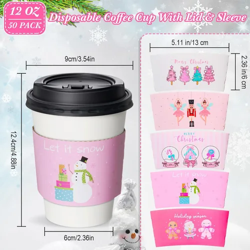Miniatura 3 de Yungyan Paquete de 50 tazas de café desechables de Navidad de 12 onzas con tapas y mangas, tazas de chocolate caliente de papel, suministros