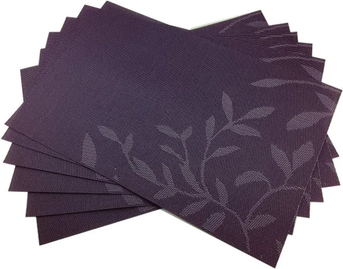Juego de 6 manteles individuales de PVC, juego de 6 manteles individuales de vinilo tejido de PVC, color natural (6 piezas, hojas moradas)