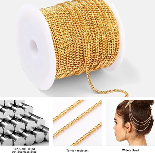 Miniatura 2 de [66 pies/20M] Cadena de bordillo de acero inoxidable chapada en oro de 18 quilates, 2mm, acero inoxidable 304, eslabones trenzados planos, cadenas