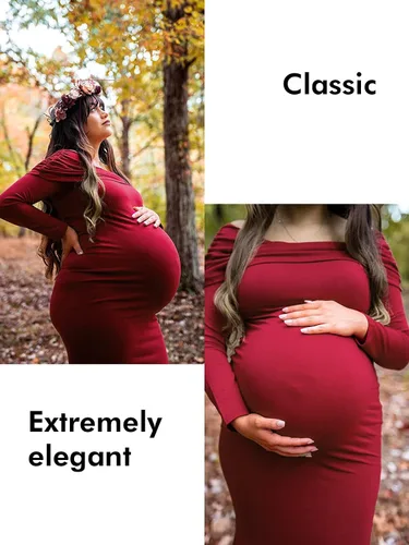 Miniatura 4 de Glampunch Vestido de maternidad con hombros descubiertos, manga larga, fruncido, vestido de maternidad para baby shower, fotografía, vestido
