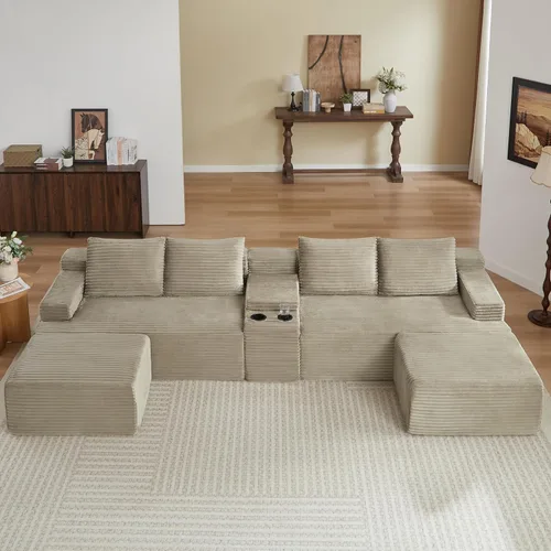 Miniatura 15 de 141" Oversized U Shaped Cloud Sectional Couches with Storage Console for Living Room, Corduroy Compressed Boneless Couch, Symmetrical Sofa & Couch