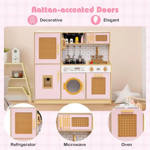 Miniatura 3 de Costzon Juego de cocina para niños, juguete Montessori de madera para niños pequeños con puerta de ratán, luz y sonido, dispensador de agua, Ratán