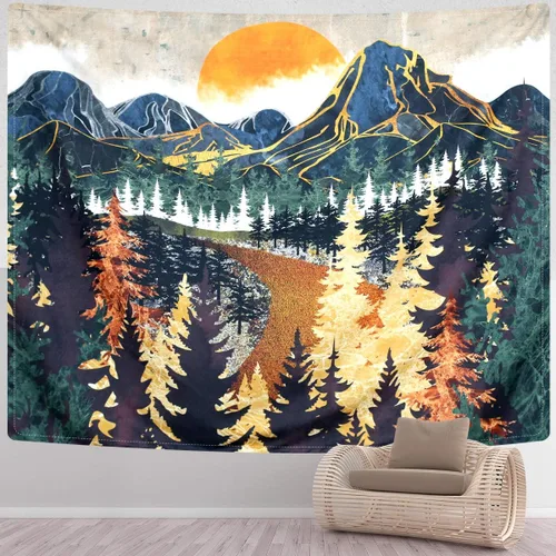 SENYYI Tapiz colgante de pared de montaña, arte de árboles del bosque, puesta de sol, camino en la naturaleza, paisaje, decoración del hogar para