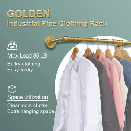Miniatura 4 de Perchero de ropa de oro de tubería industrial, Perchero dorado montado en la pared de 30 pulgadas, Perchero de ropa de tubería industrial, Barra