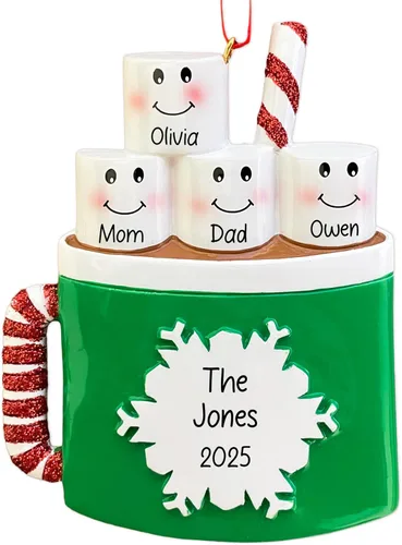 Miniatura 7 de Adorno de Navidad personalizado de la familia de 6 de chocolate caliente 2026 Malvaviscos personalizados en taza de cacao con bastón de caramelo