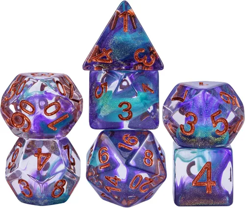 Miniatura 29 de Juego de dados de resina para DND, juego de 7 dados poliédricos negros D&D rellenos con papel de colores brillantes para juegos de rol