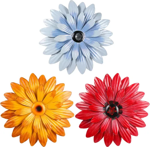 Miniatura 9 de Hotop 3 piezas de arte de pared de metal con diseño de margaritas de metal 3D, flores colgantes de múltiples capas, decoración rústica
