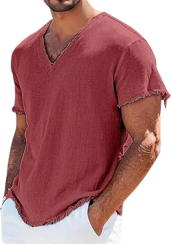 Miniatura 10 de Mens Cotton Linen Short Sleeve Shirts Retro Frayed Casual V-Neck Beach Hippie Tshirts Lightweight Summer Resort Tops