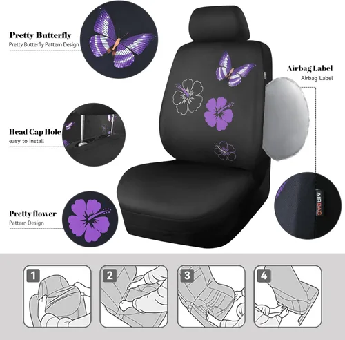 Miniatura 6 de CAR PASS Juego completo de fundas de asiento de coche de tela universal con mariposas, alfombrillas de coche impermeables bordadas con flores, funda