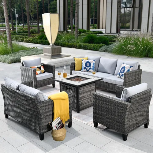 Miniatura 40 de ovios Juego de muebles de patio de 6 piezas, sillas giratorias de mimbre para exteriores con mesa para fogatas de 30 pulgadas, juego de mecedoras