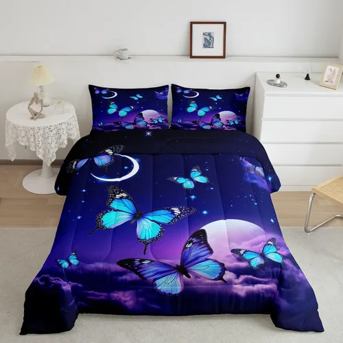 Miniatura 9 de Juego de ropa de cama de mariposa azul para adultos, mujeres y niñas, juego de edredón con estampado de lavanda morado, tamaño individual, diseño