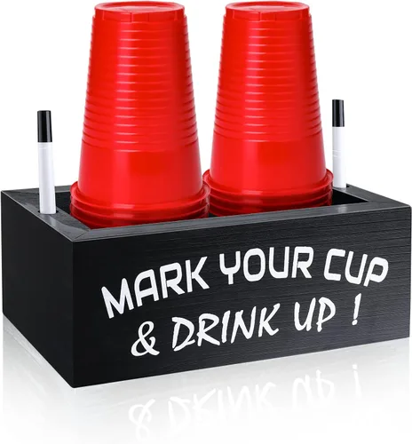 Soporte de vaso desechable doble de madera con ranura para marcador, marca tu vaso y bebe, organizador de vasos de plástico, dispensador de bebidas