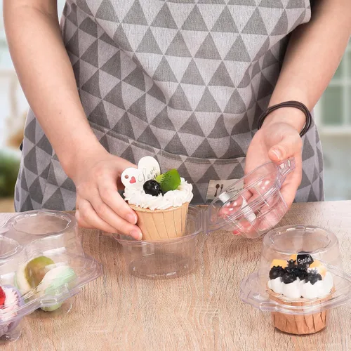 Miniatura 5 de Maxdot 150 recipientes transparentes individuales y 2 recipientes de plástico para cupcakes con tapa hermética conectada, soportes apilables