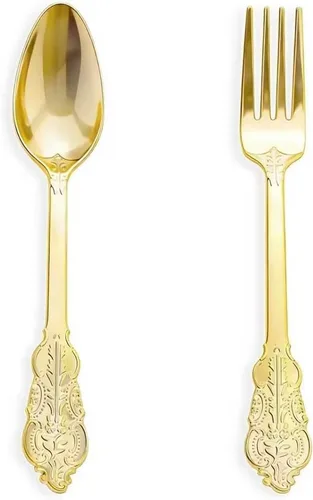 Miniatura 7 de N9R 100 tenedores de plástico dorados, cubiertos desechables de plástico dorado de 7.48 pulgadas, tenedores de plástico resistentes para fiestas