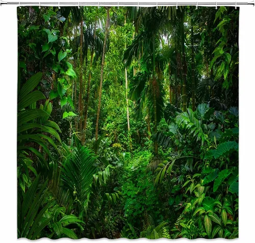 Miniatura 3 de Cortina de ducha de selva tropical, plantas de selva, hojas verdes, bosque, naturaleza, paisaje, cortina de decoración de baño con ganchos