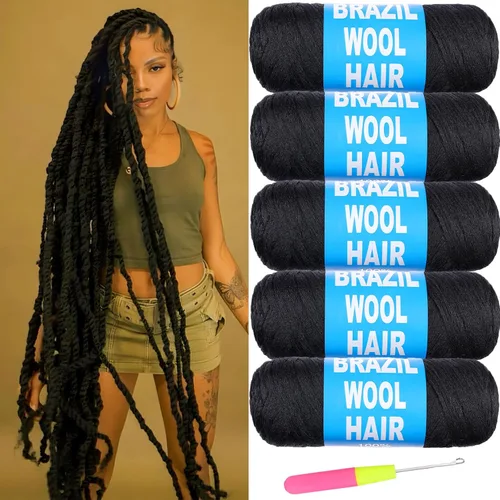 Miniatura 23 de 8 piezas de lana brasileña para trenzas, negro natural, cabello de lana brasileña para trenzar para mujeres, hilo para cabello para locs falsos