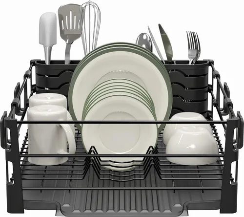 Miniatura 2 de SIMPLE HOUSEWARE Escurridor de platos con escurridor, soporte para utensilios y ganchos para tazas, organizador de mostrador de cocina de metal negro