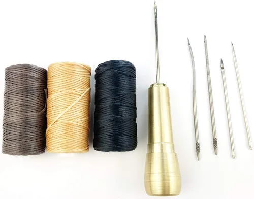 Becho Juego de 5 agujas de costura a mano, punzón de costura con mango de cobre para reparación de zapatos e hilo encerado de costura de 150D/492.1