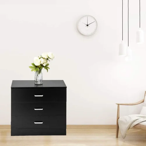 Miniatura 2 de Vasitelan Cómoda de madera con 3 cajones, cómoda de almacenamiento moderna, mesita de noche de madera para dormitorio, sala de estar (negro)