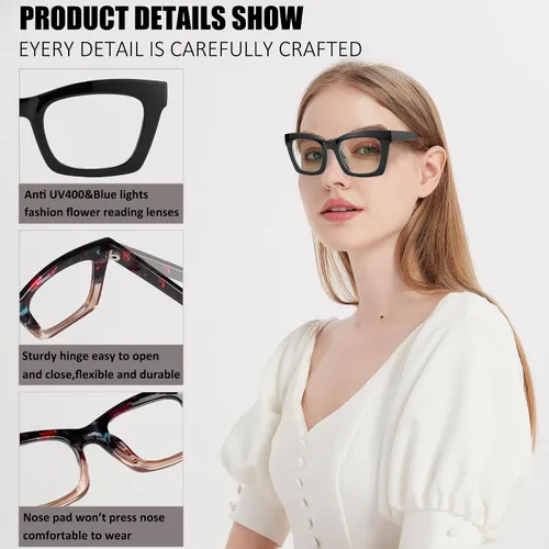 Paquete de 3 gafas de lectura estilo Oprah con bisagra de resorte, bloqueo de luz azul, para computadora, montura cuadrada para mujeres y hombres