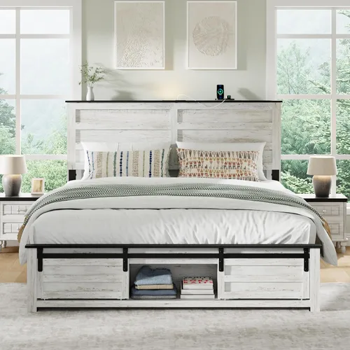 Miniatura 9 de Base de cama tamaño matrimonial con cabecero de madera, estructura de cama de plataforma de madera con estribo de puerta corrediza de granero
