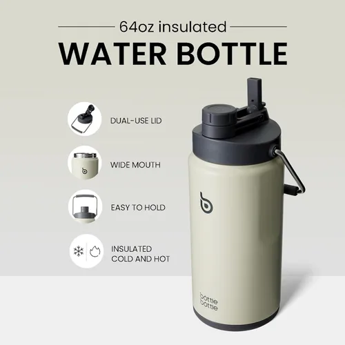 Miniatura 2 de BOTTLE BOTTLE Botella de agua aislada de 64 onzas con popote y tapa de doble uso, jarra de agua de medio galón, acero inoxidable al vacío para Gris