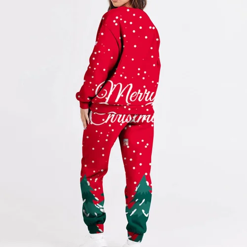 Miniatura 3 de Trajes navideños dos piezas para mujer, camisa estampada de Navidad, manga larga, pantalones con cordón, chándal para correr
