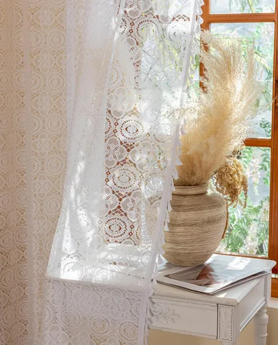 Miniatura 35 de YJ YANJUN - Cortinas de café boho, 24 pulgadas de largo, 2 paneles, cada una de 59" de ancho x 24" de largo, beige, con crochet, cortinas de cocina