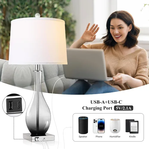 Miniatura 3 de Juego de 2 lámparas de mesa con control táctil, lámpara de mesa de vidrio moderna regulable de 3 vías para sala de estar con puertos de carga USB C
