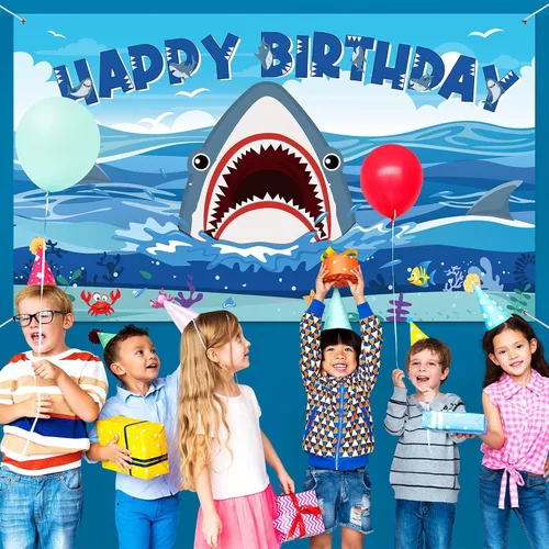 Miniatura 4 de Tatuo Cartel de fondo de cumpleaños de tiburón, decoraciones de cumpleaños de tiburón, fondo de fotografía de zona para niños y niñas, suministros