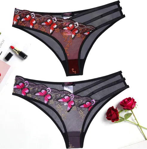 Miniatura 2 de Avidlove Bragas sexy para mujer, paquete de bragas de malla bordadas con mariposa