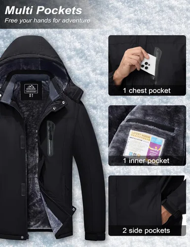 Miniatura 5 de MAGCOMSEN - Abrigos de invierno para hombre, impermeables, con forro polar, parka, con capucha, para esquiar, senderismo, trabajo Negro