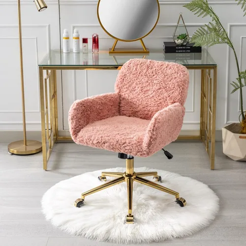 Miniatura 15 de SSLine Silla de escritorio de piel sintética, moderna y bonita silla de oficina, cómoda silla giratoria de tela de peluche mullida con ruedas