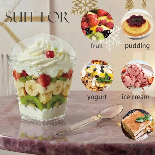 Miniatura 6 de Hiasobre Paquete de 100 vasos de postre de plástico transparente de 5 onzas con tapas y cucharas, tazas cuadradas reutilizables para aperitivos