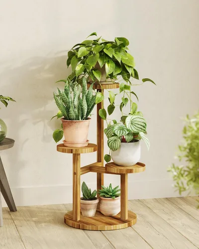 Bamworld Soporte para plantas de 3 niveles para interiores, estante esquinero de madera para múltiples plantas, soporte redondo pequeño para flores