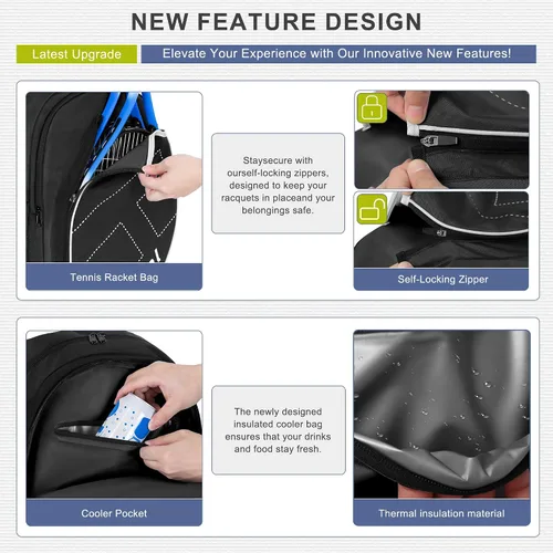 Miniatura 3 de UNIHIMAL Bolsa de Tenis Mochila de Tenis para Hombres y Mujeres, Gran Capacidad Contiene 2 Raquetas con Compartimento Ventilado para Zapatos y Negro