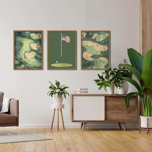 Miniatura 5 de Juego de 3 arte de pared vintage de golf, pinturas deportivas de mediados de siglo, arte de paisaje de campo de golf verde retro, cuadro de arte