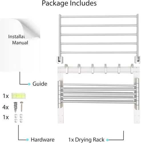 Miniatura 7 de BGT - Estante de secado de ropa para lavar la pared, organizador de lavandería con ganchos y brazos oscilantes, estante de metal de 17 pulgadas