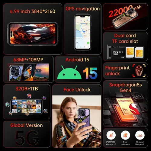 Miniatura 7 de MMY 32+1TB Teléfono celular desbloqueado resistente Armor, teléfono inteligente de 6.99" HD con fotografía de visión nocturna de 68+108MP, 22000mAh