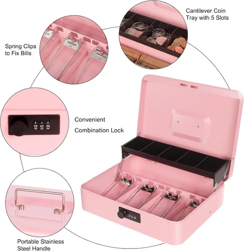 Miniatura 3 de Caja de efectivo con cerradura de combinación, caja de dinero de metal para caja registradora, caja de seguridad grande para dinero 11.8 x 9.4 x