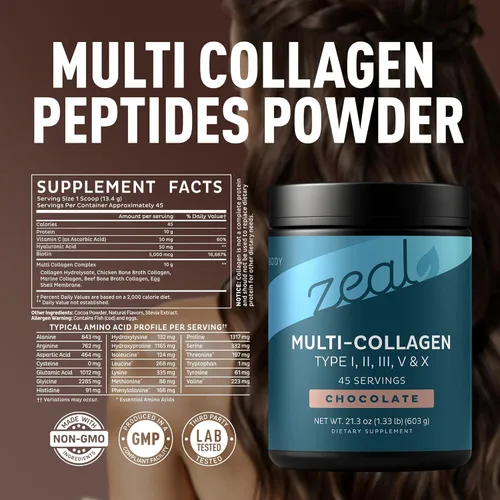 Miniatura 2 de Zeal Naturals Péptidos de proteína de colágeno múltiple en polvo tipo I II III V X - Vitamina C, biotina y ácido hialurónico - cabello, piel y uñas