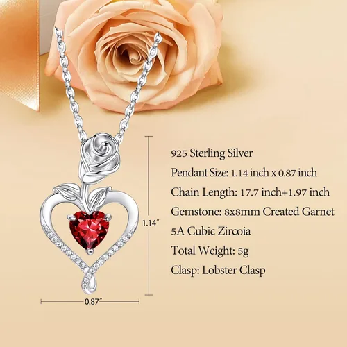 Miniatura 3 de Collares de piedra natal para mujer, a la moda, collar con colgante de corazón de flor de rosa de plata de ley 925, chapado en oro blanco de 14