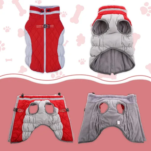 Miniatura 3 de Lelepet Abrigo cálido para perro, abrigo de invierno para perro, chaqueta impermeable para perros con arnés integrado reflectante para mascotas, Rojo