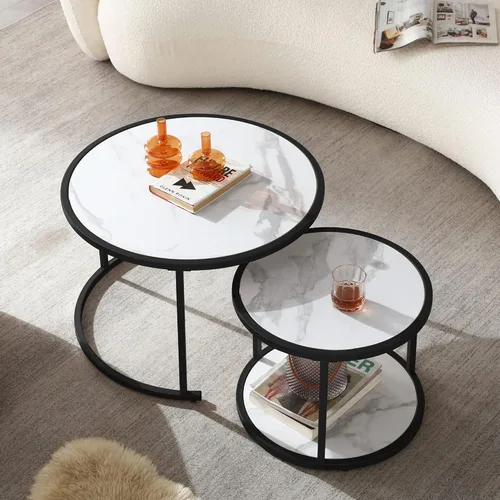 Miniatura 9 de Juego de 2 mesas auxiliares anidables, mesas auxiliares apilables rústicas, modernas mesas redondas de madera con patrón de mármol para sala