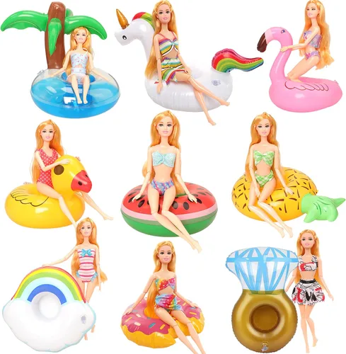 Juego de 9 flotadores de piscina, accesorios de natación para muñecas de niña, divertido anillo de fiesta en piscina, soporte inflable para bebidas