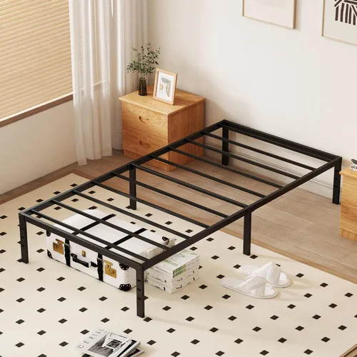Miniatura 4 de Marco de cama tamaño individual de 14 pulgadas, resistente, metal, no necesita somier, almacenamiento debajo de la cama, fácil montaje, sin ruido
