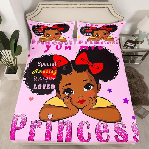 Miniatura 6 de Erosebridal Lindas sábanas negras para niñas, sábana bajera ajustable de niña africana americana, tamaño individual, sábanas psicodélicas moradas