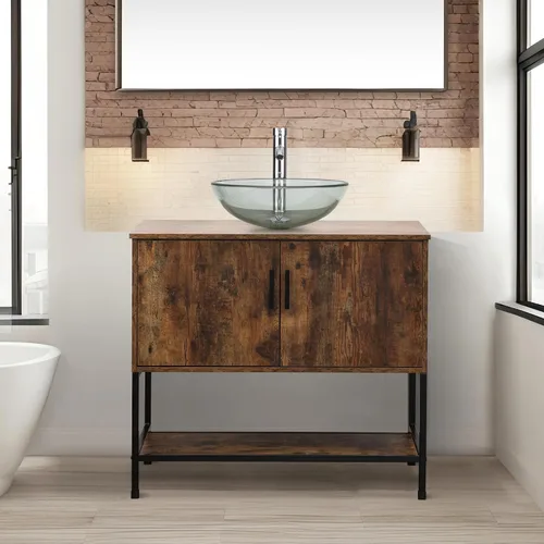 Miniatura 40 de UEV Tocador de Baño de Roble Rústico de 24" con Lavabo, Conjunto de Gabinete de Baño con Marco de Hierro Industrial con Puertas y Estante, con Combo