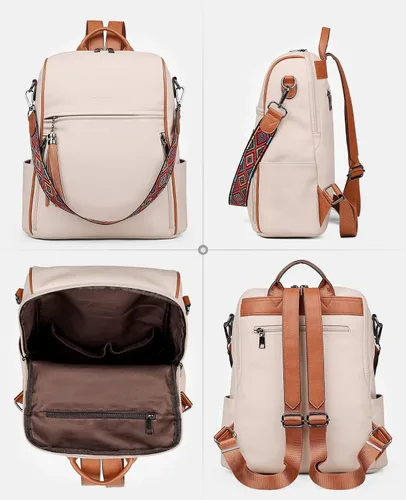 Miniatura 5 de FADEON Mochila de cuero para mujer, diseño de mujer, bolsa de hombro de moda, mochila de viaje convertible de PU, E Beige Con Marrón, Medium