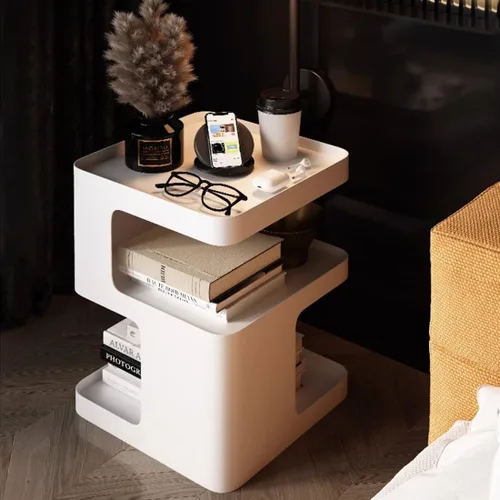 Miniatura 3 de Mesa auxiliar, mesa auxiliar moderna, mesita de noche de metal, mesita de noche, mesa decorativa de 3 niveles con almacenamiento para dormitorio